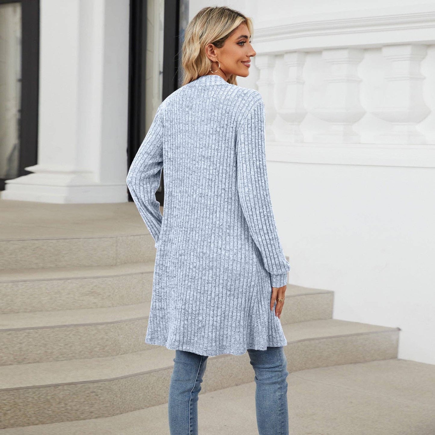 Light Blue Long Solid Color Long-sleeved Loose Pocket Cardigan