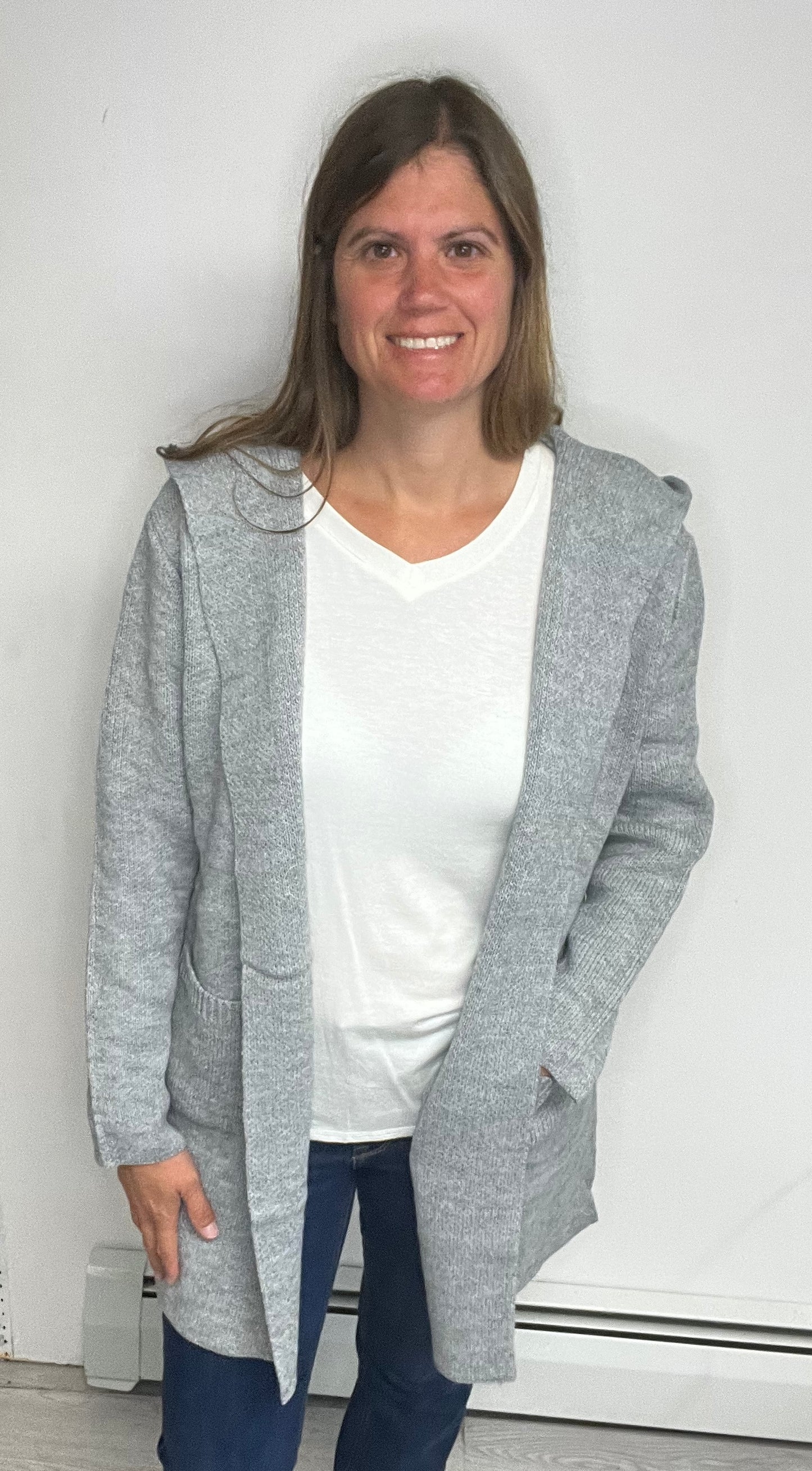 Grey Hooded Open Front Sweater Cardigan