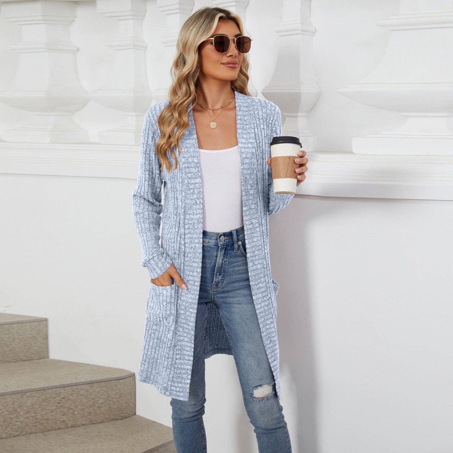 Light Blue Long Solid Color Long-sleeved Loose Pocket Cardigan