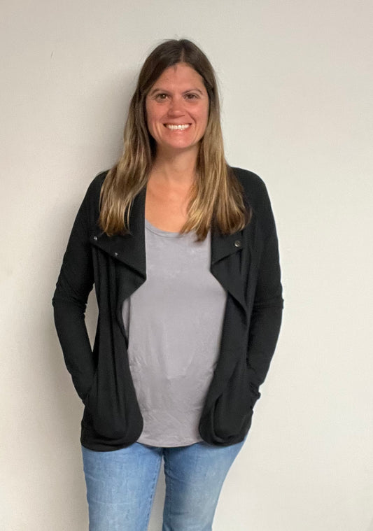 BLACK BUTTER SOFT ASYMMETRIC COWL NECK JACKET