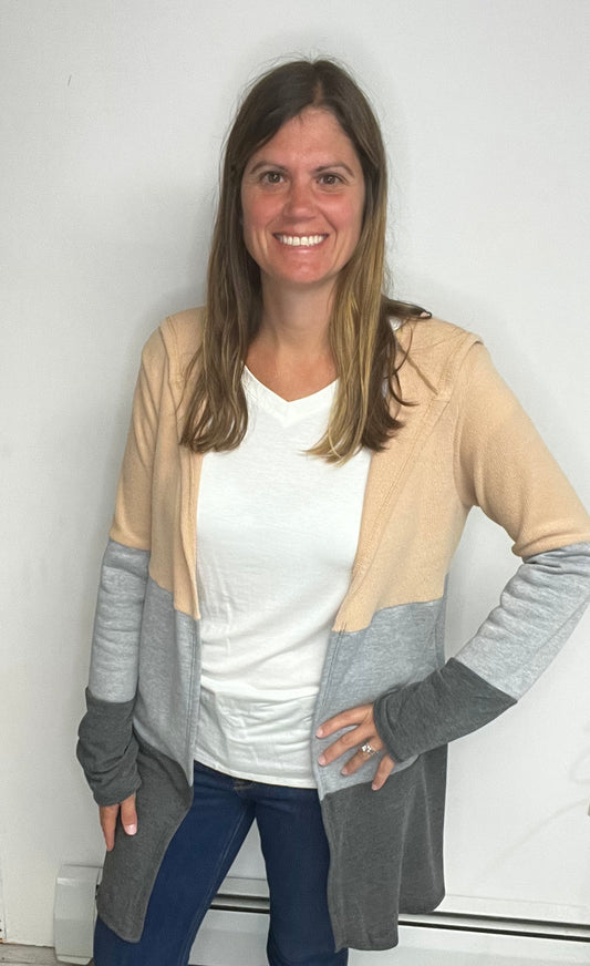 Beige Hoodie Color Block Long Cardigan - Keweenaw Klass Boutique LLC
