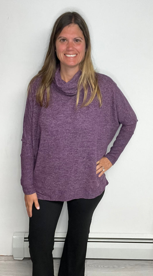 Eggplant Brushed Melange Cowl Neck Oversized Poncho Hi-low Sweater - Keweenaw Klass Boutique LLC