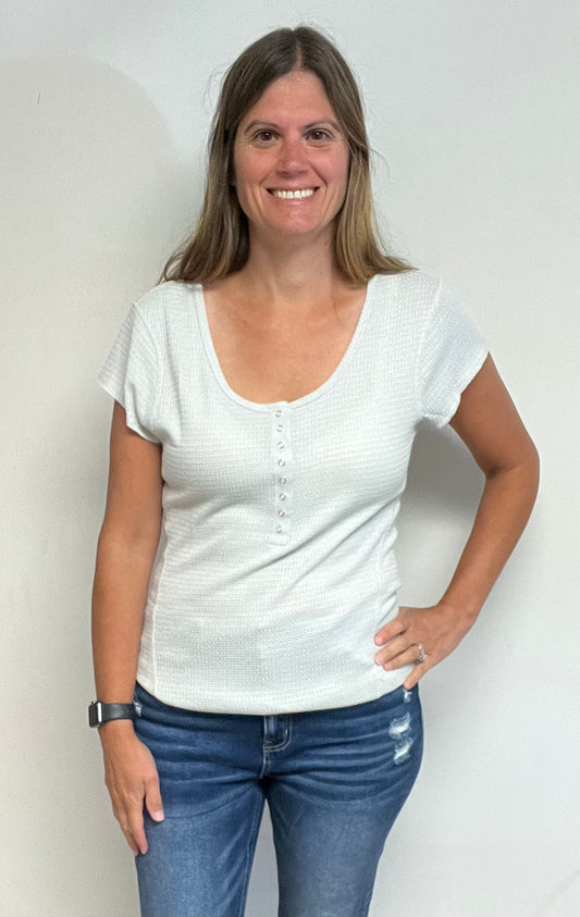 BONE BABY WAFFLE SNAP BUTTON CAP SLEEVE TOP