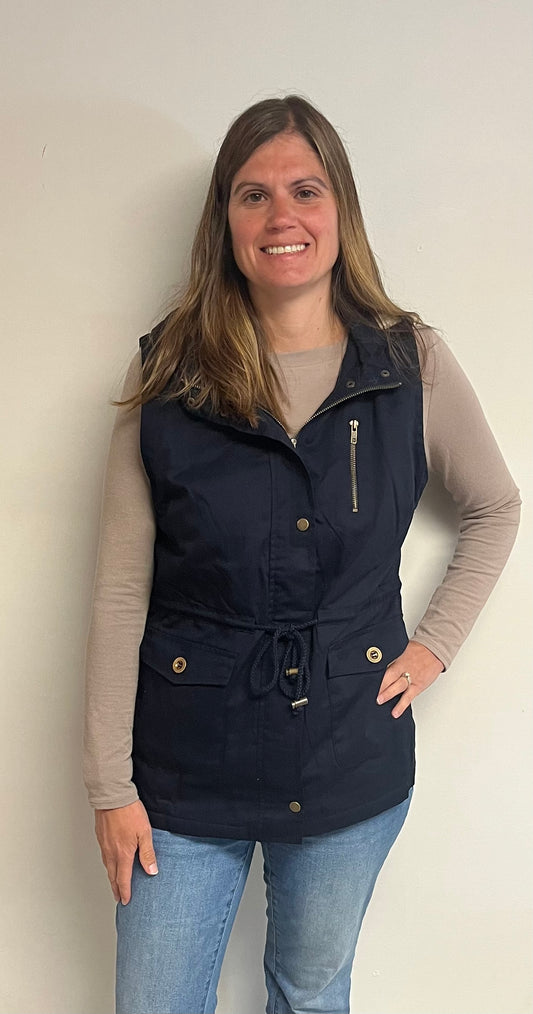 NAVY FAUX FUR LINED HOODED TWILL VEST - Keweenaw Klass Boutique LLC