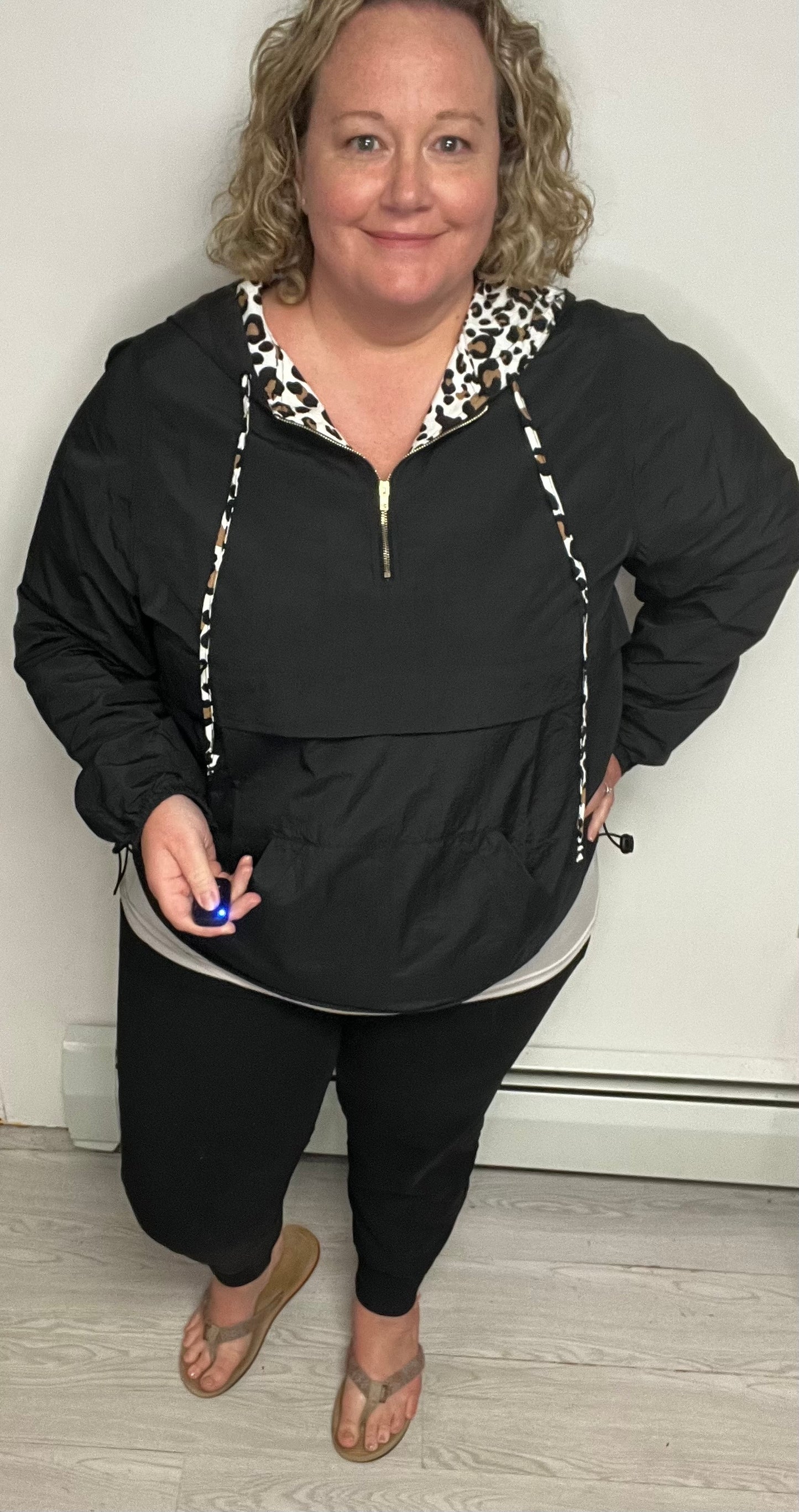 Black Leopard Print Hoodie Zipper Up Kangaroo Pocket Windbreaker with Leopard String - Keweenaw Klass Boutique LLC