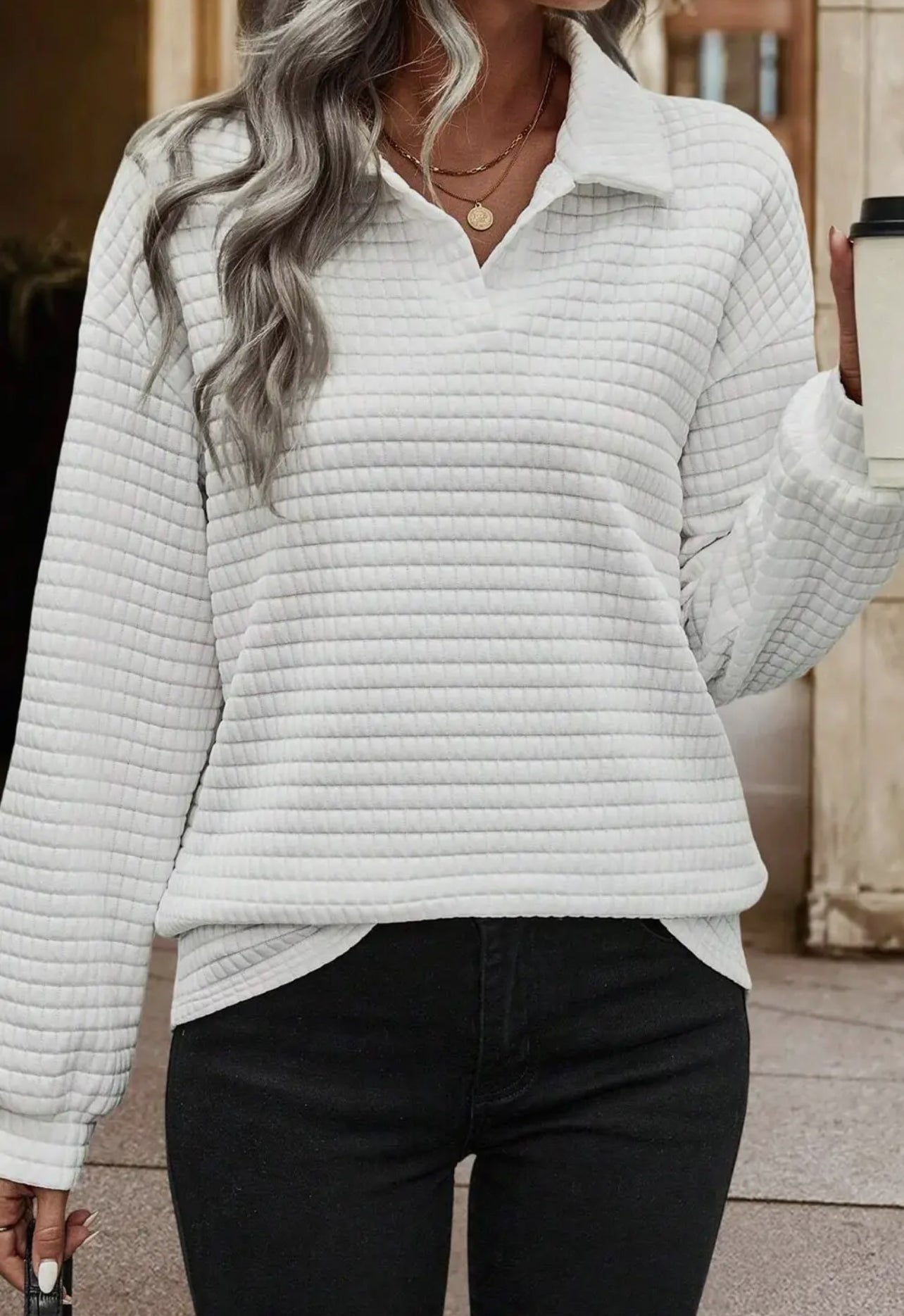 White Quilted Texture Sporty Collared Long Sleeve Top