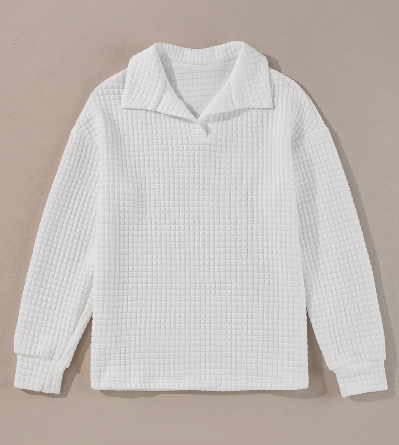 White Quilted Texture Sporty Collared Long Sleeve Top