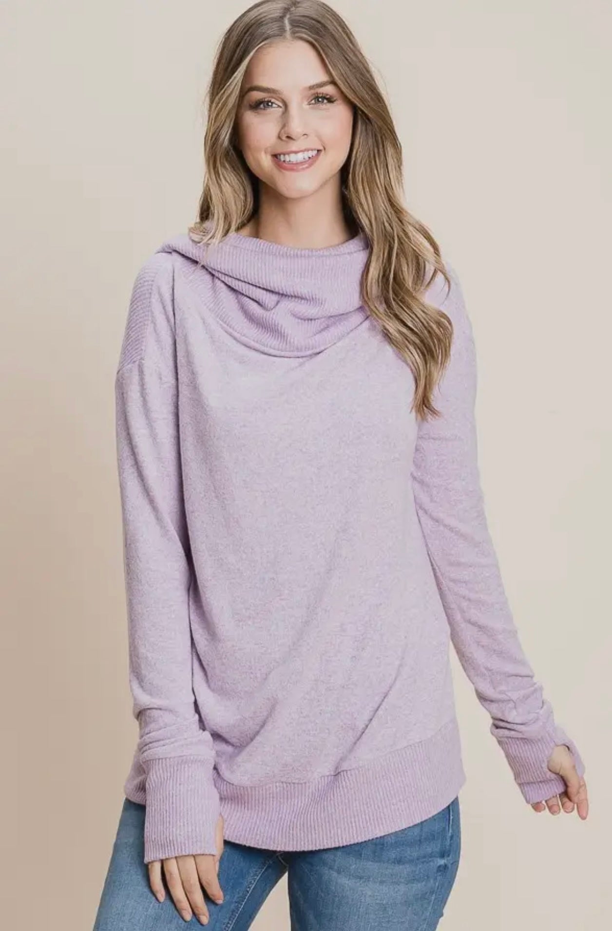 LAVENDER BRUSH TIGER JERSEY COWL HOODIE LOOSE FIT TUNIC W/THUMB HOLE TOP