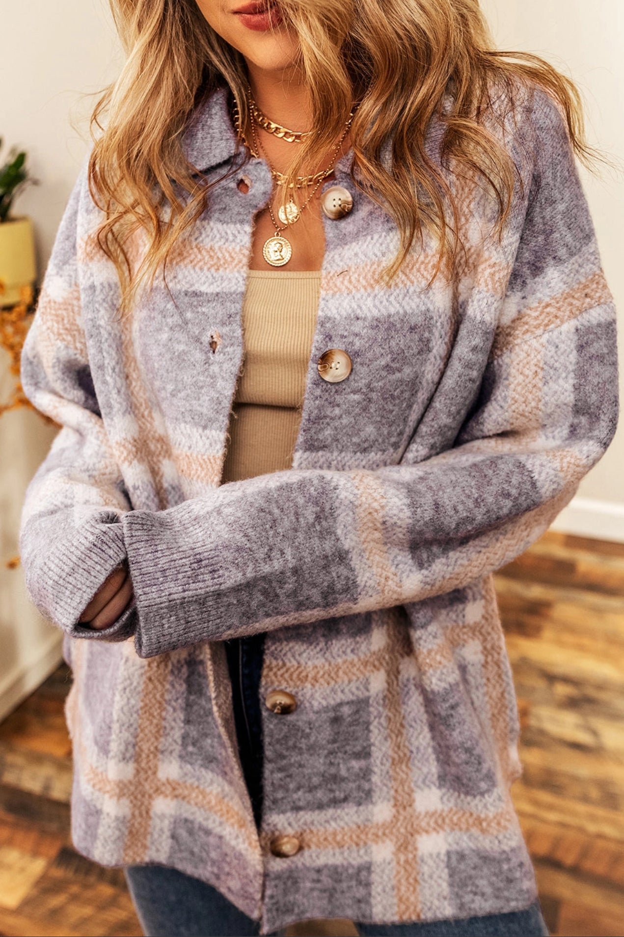 Grey Fuzzy Plaid Collared Button Up Cardigan