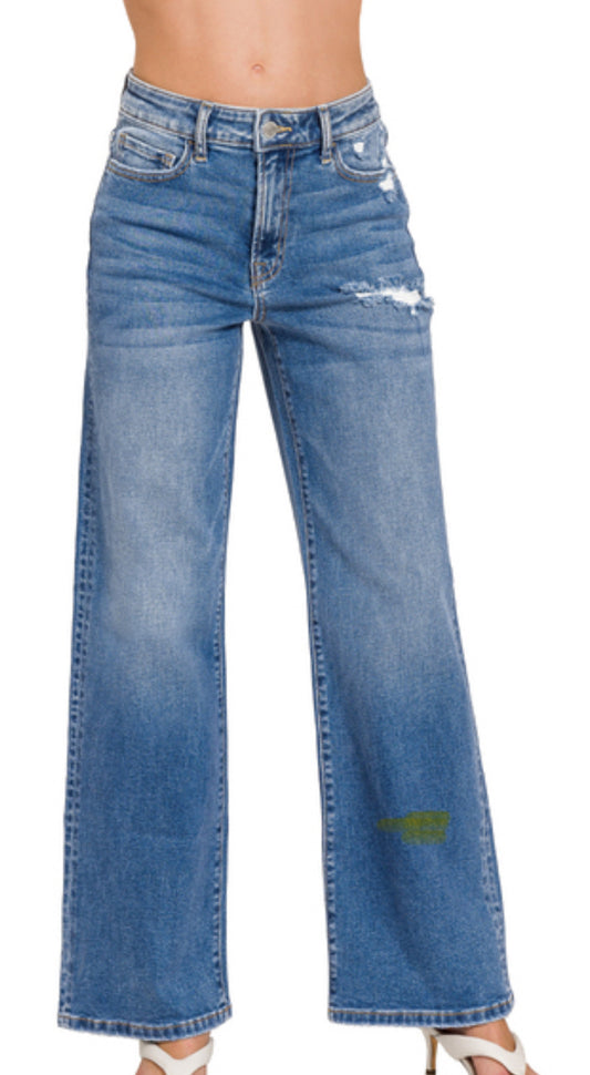 HIGH WAIST STRAIGHT LEG MEDIUM WASH DENIM PANTS