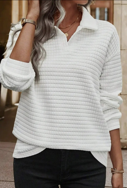 White Quilted Texture Sporty Collared Long Sleeve Top