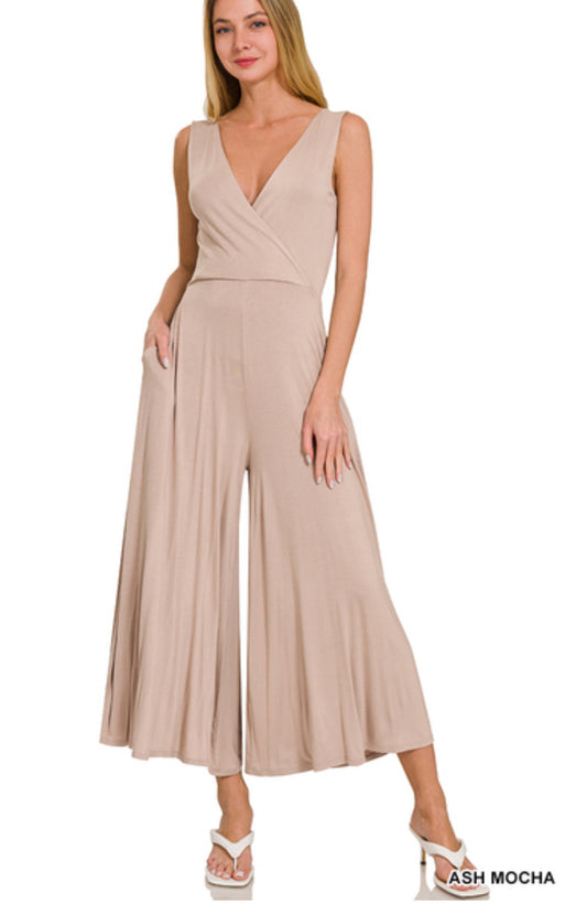 ASH MOCHA SURPLICE NECKLINE SLEEVELESS JUMPSUIT