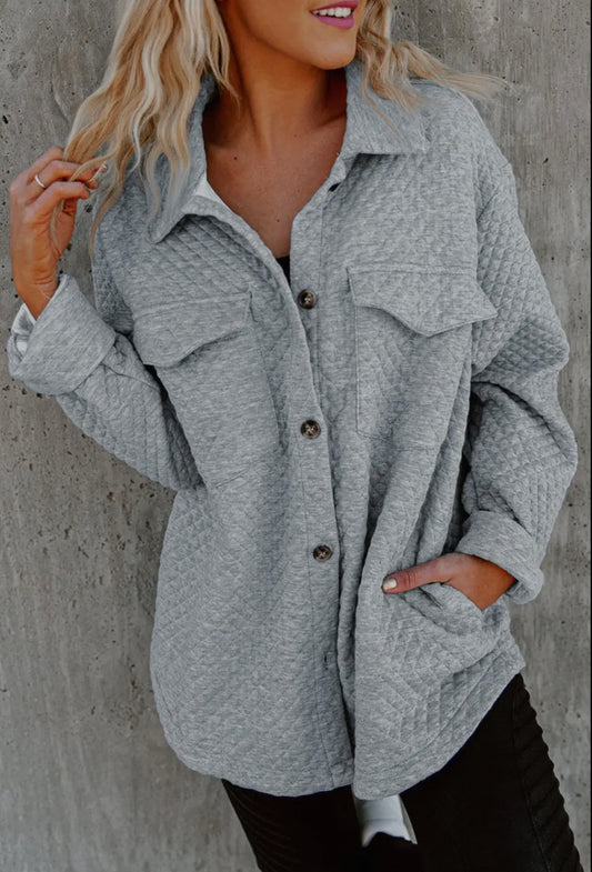 Grey Lattice Texture Retro Flap Pocket Button Shacket
