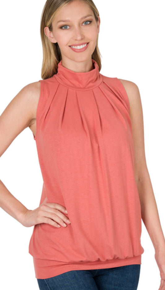 HIGH NECK PLEATED TOP WITH WAISTBAND