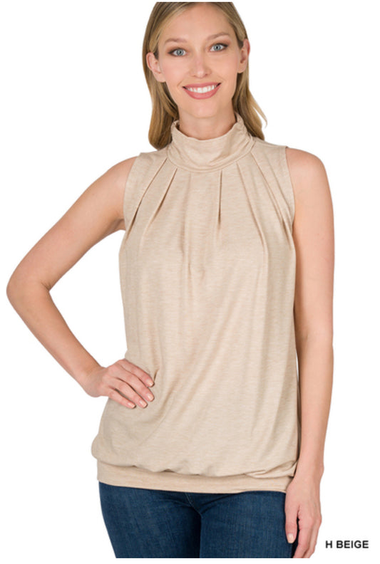 high neck pleated top with waistband