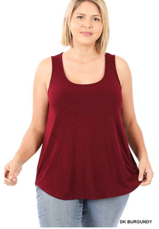 BURGUNDY PLUS SLEEVELESS ROUND NECK ROUND HEM TOP