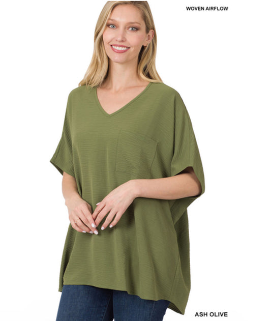 OVERSIZED WOVEN AIRFLOW V-NECK DOLMAN SHORT SLEEVE TOP