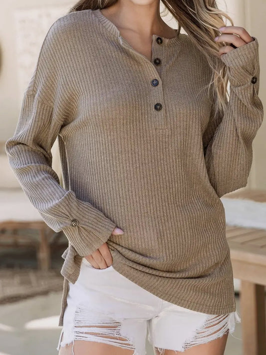 Khaki Rib Textured Henley Knit Top