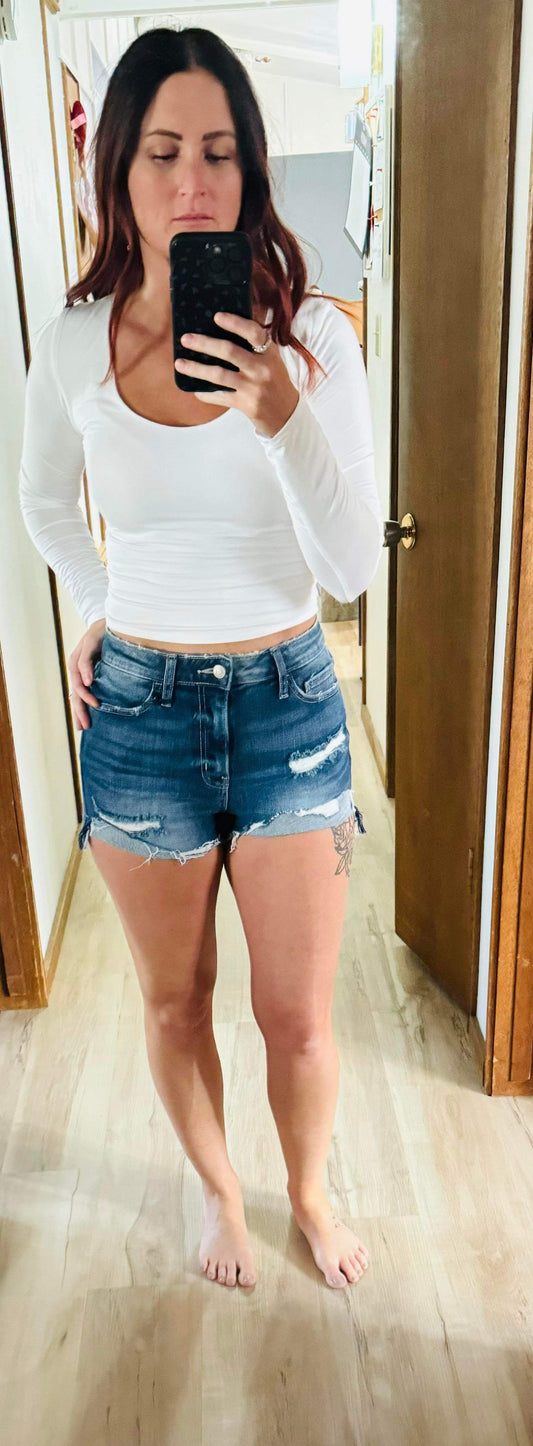 Denim Cutoff Shorts With Front Folded Hem