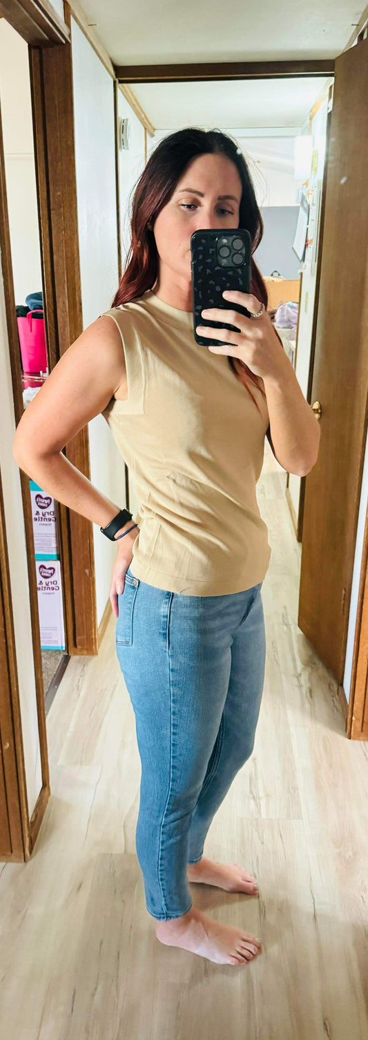 TAUPE HIGH NECK SLEEVELESS KNIT TOP