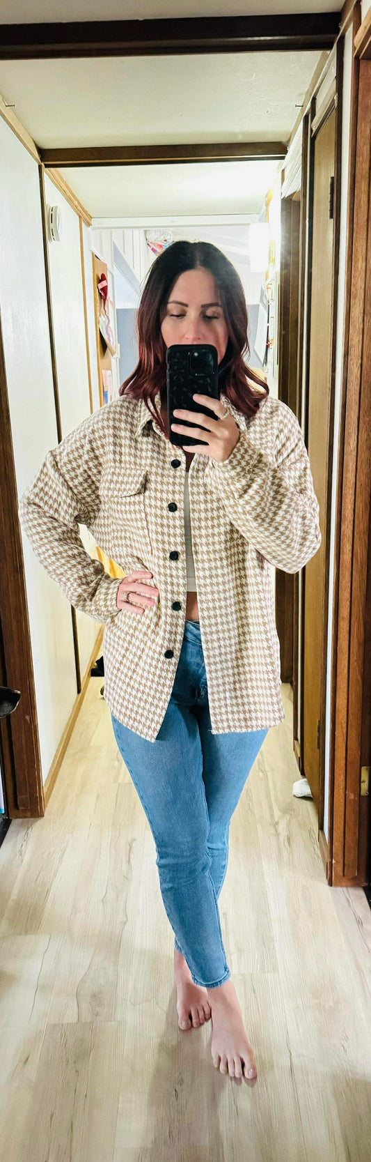 Tweed Houndstooth Single-Breasted Shacket Coat