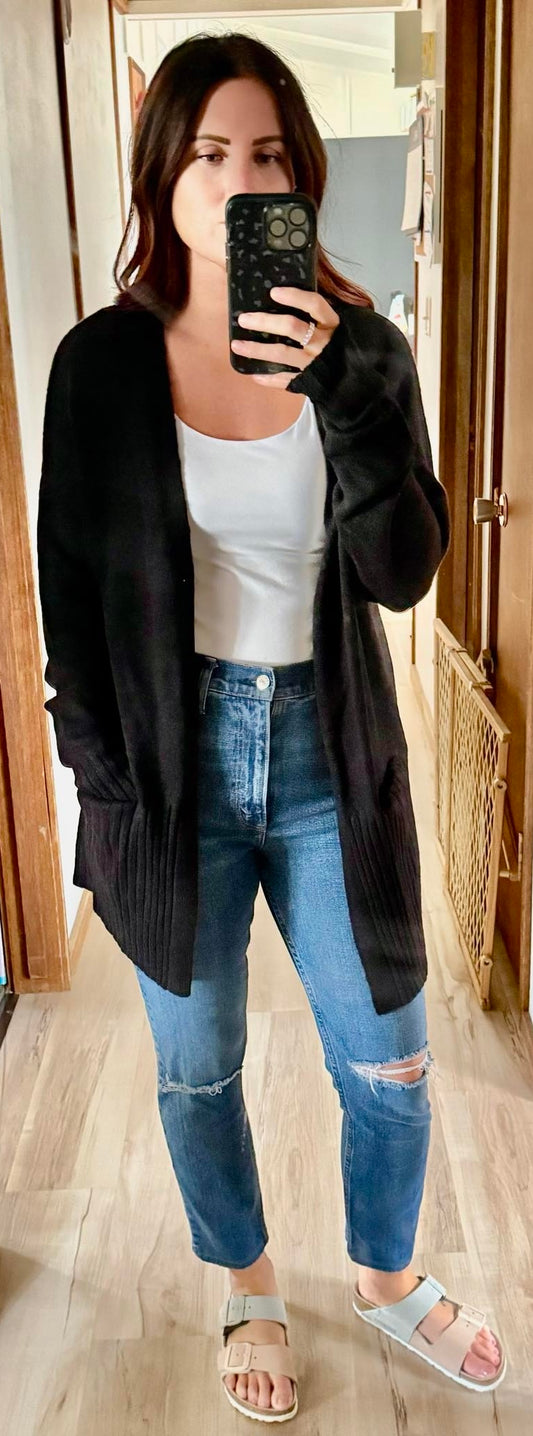 Black Fitted Long Sleeve Open Front W/ Pocket Sweater Cardigan