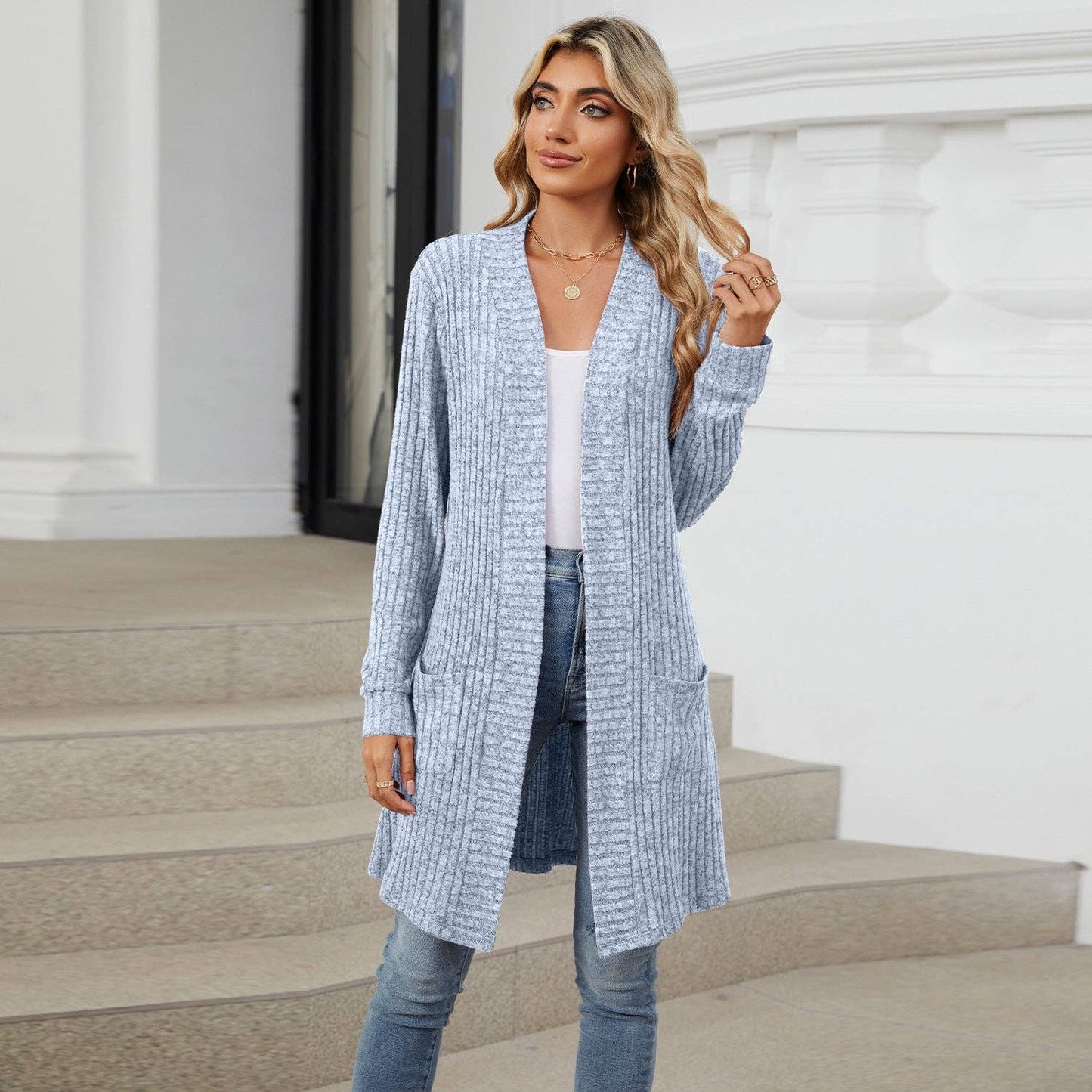 Light Blue Long Solid Color Long-sleeved Loose Pocket Cardigan