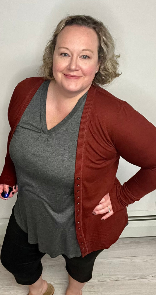 Dark Rust Snap Button Sweater Cardigan With Ribbed Detail - Keweenaw Klass Boutique LLC