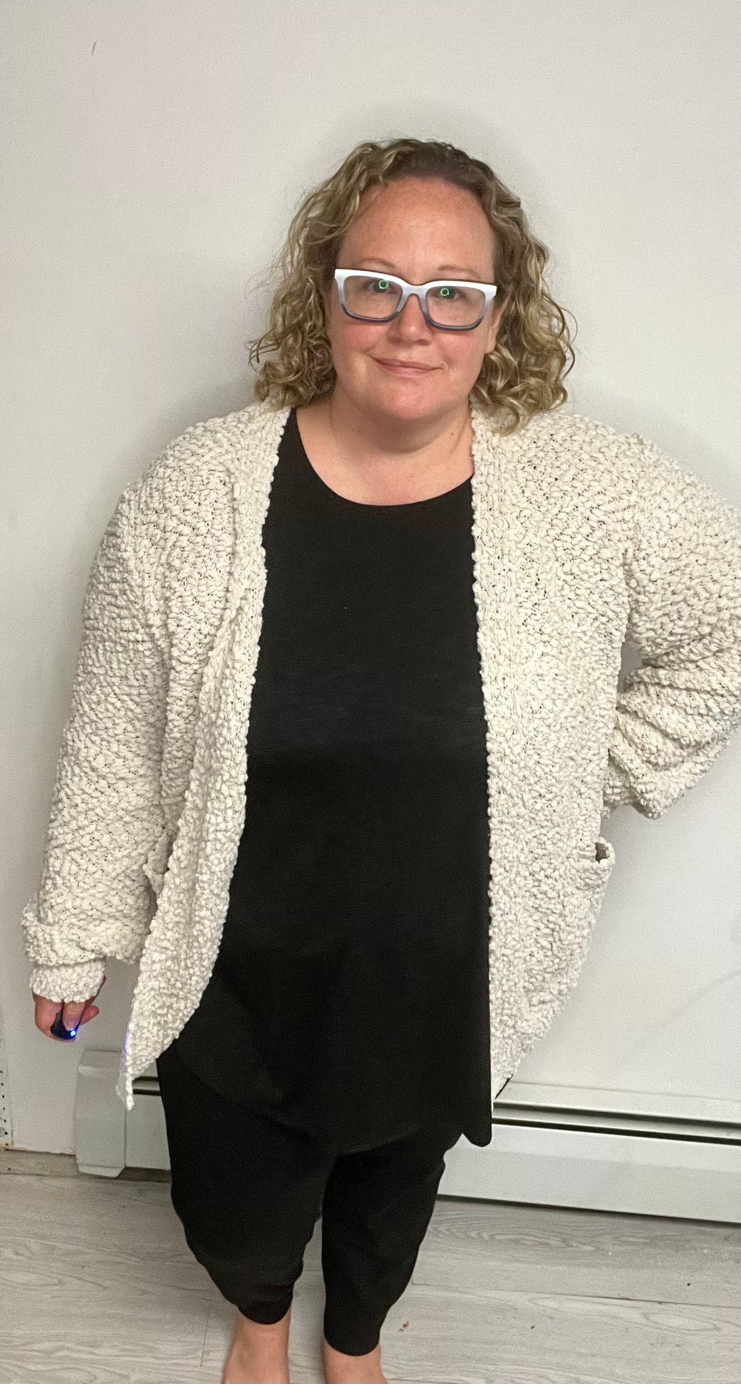 PUFF SLEEVE POPCORN CARDIGAN WITH POCKETS