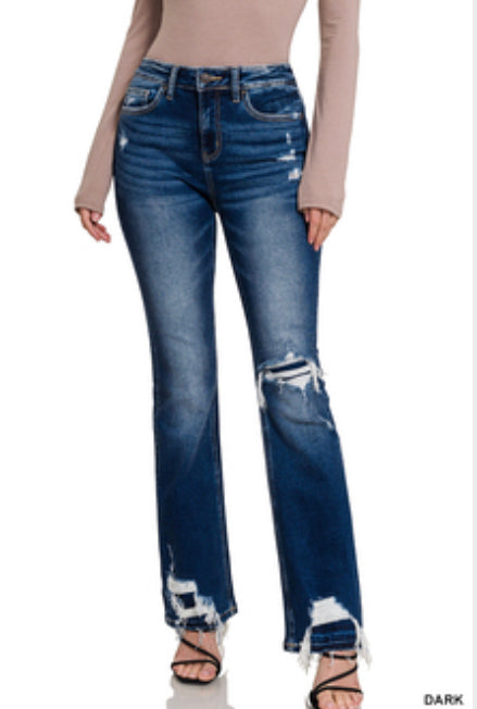 DISTRESSED PATCH HEM FLARE DENIM JEANS