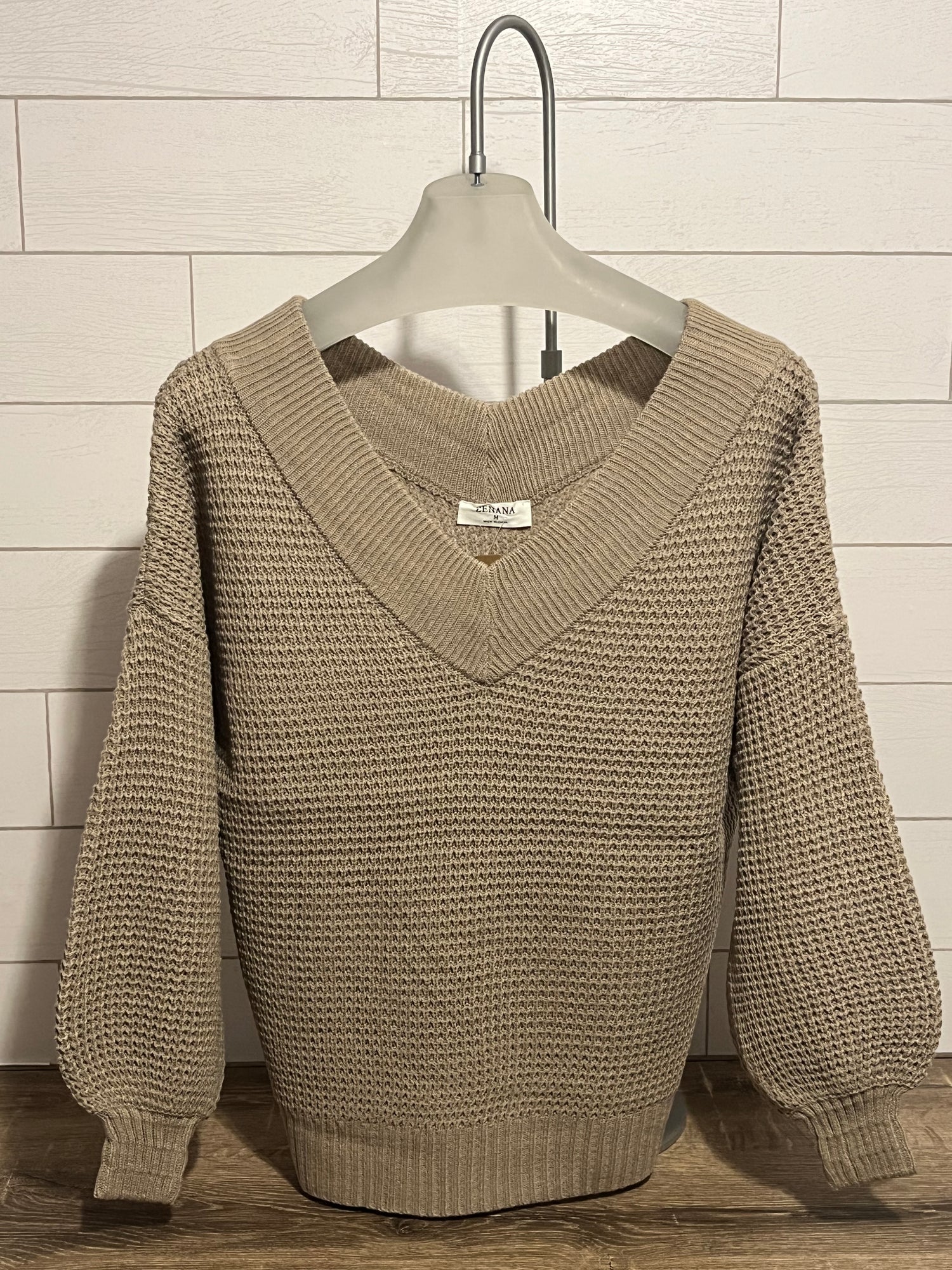 Ash Mocha Balloon Sleeve V-Neck Waffle Sweater - Keweenaw Klass Boutique LLC