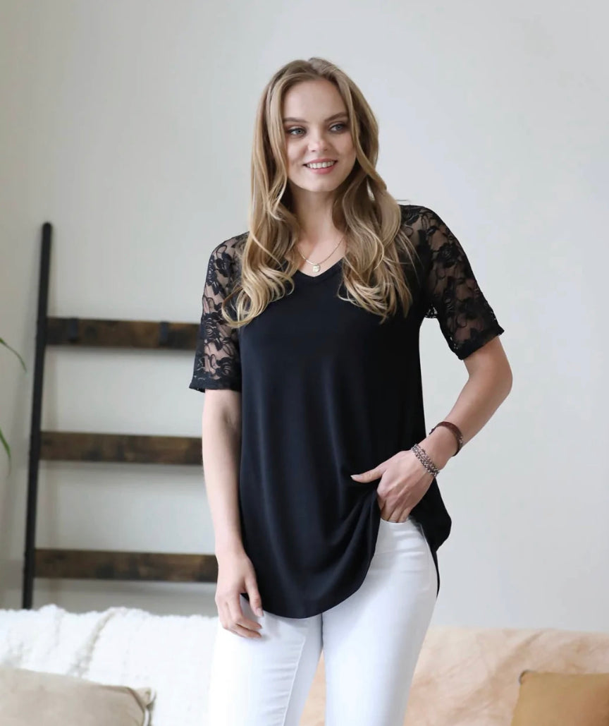 Black Lace Detail Short Sleeve V- neck & Round Hem Top - Keweenaw Klass Boutique LLC