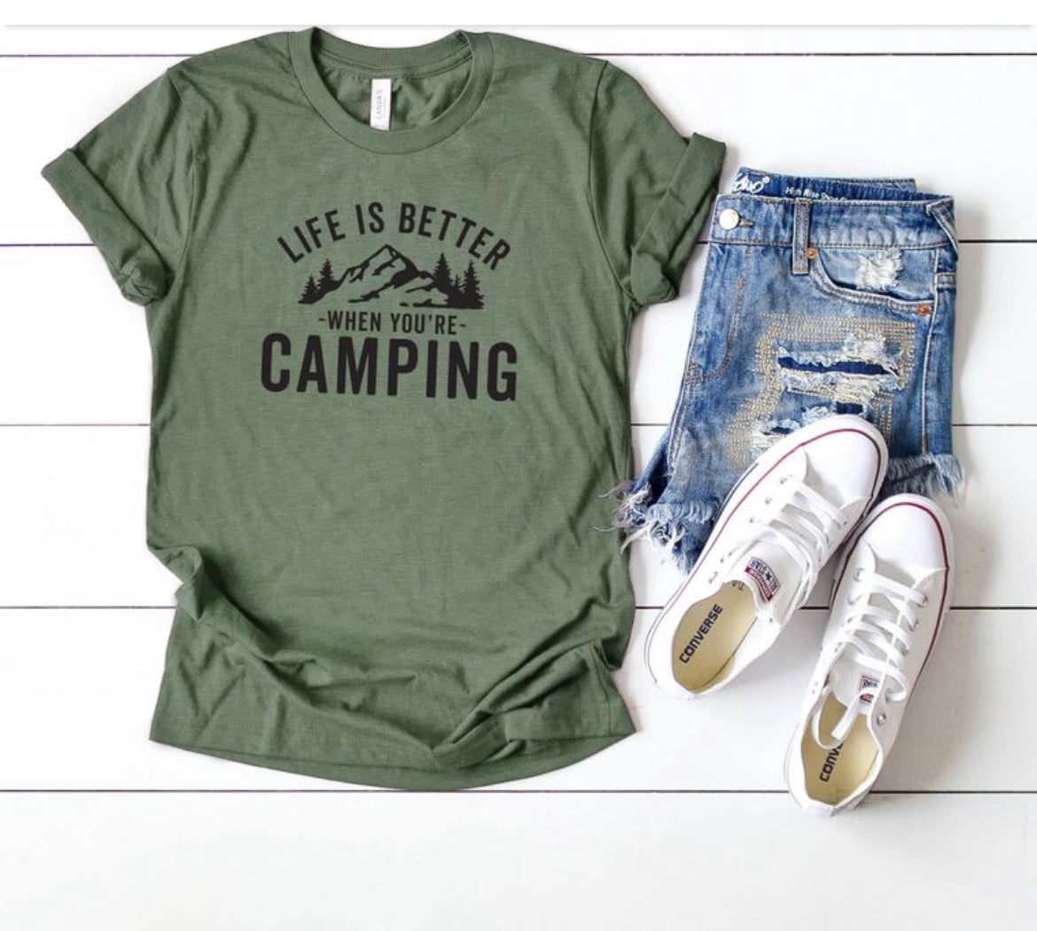 Army Green Life is Better When You're Camping Bella Canvas Tee - Keweenaw Klass Boutique LLC