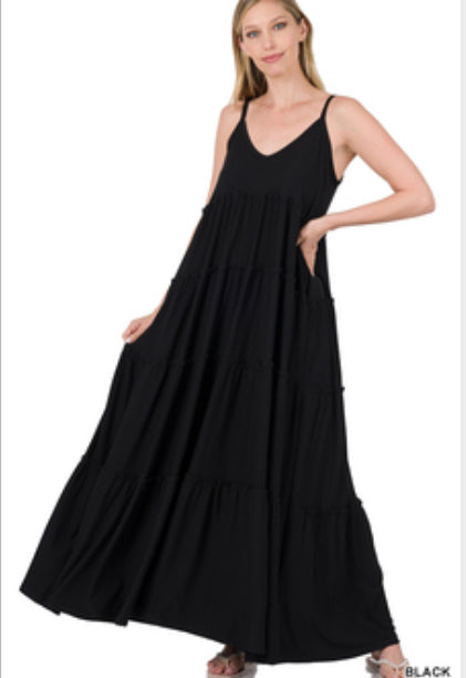 Black V-Neck Cami Maxi Tiered Dress with Side Pockets - Keweenaw Klass Boutique LLC