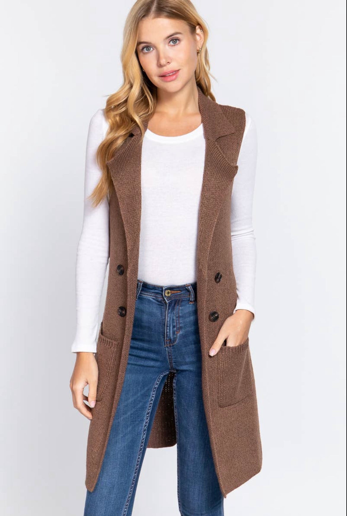 Cocoa Brown Notched Collar With Side Pocket Long Sweater Vest - Keweenaw Klass Boutique LLC