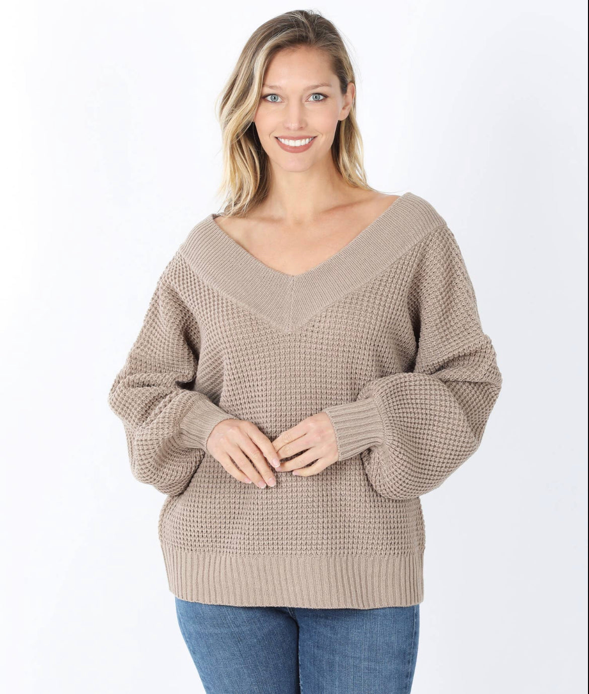 Ash Mocha Balloon Sleeve V-Neck Waffle Sweater - Keweenaw Klass Boutique LLC