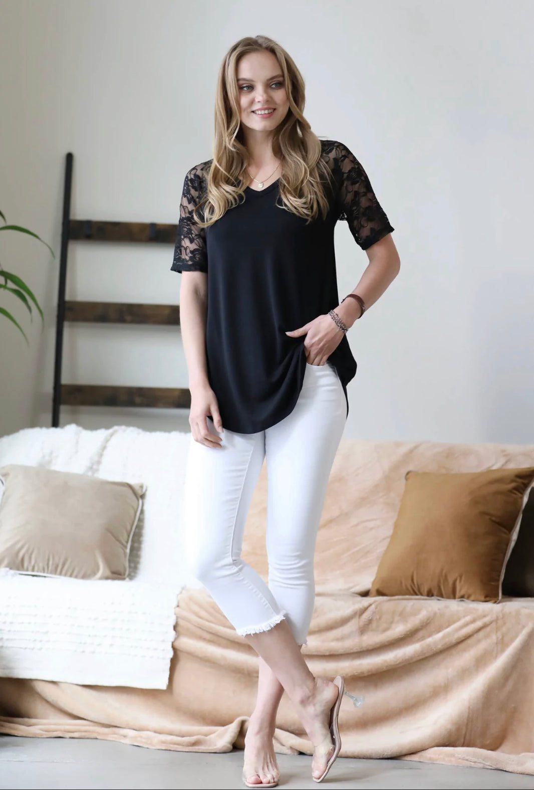 Black Lace Detail Short Sleeve V- neck & Round Hem Top - Keweenaw Klass Boutique LLC