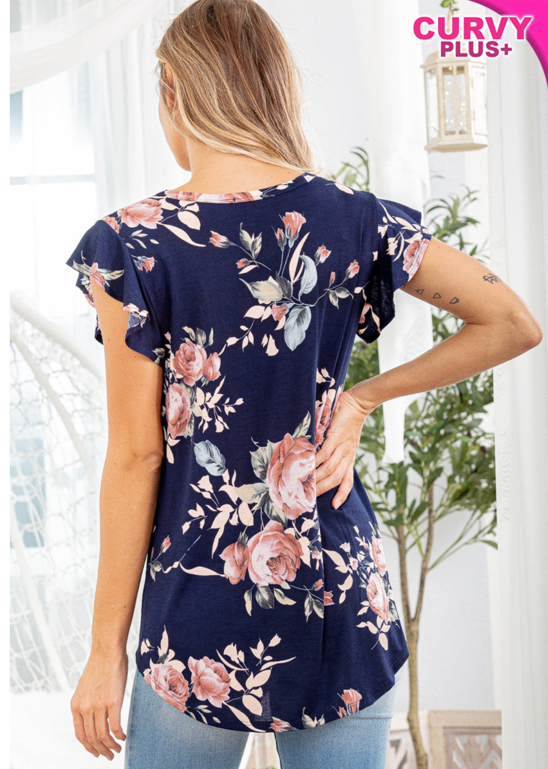 Navy Ruffled Sleeve Floral Top - Keweenaw Klass Boutique LLC