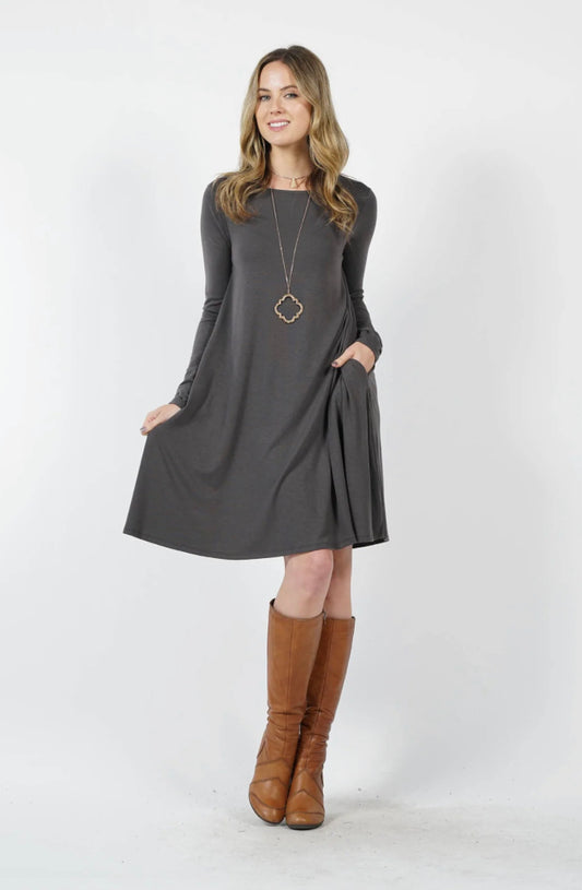 Ash Grey Premium Long Sleeve Flared Dress with pockets - Keweenaw Klass Boutique LLC