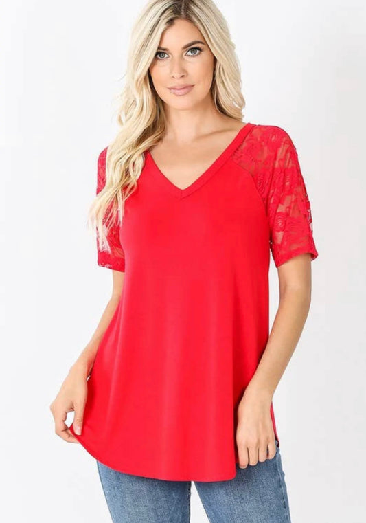 Red Lace Detail Short Sleeve V- neck & Round Hem Top - Keweenaw Klass Boutique LLC