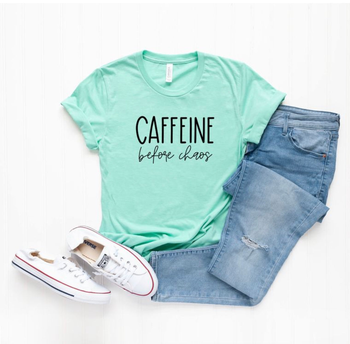 Mint Caffeine Before Chaos Bella Canvas Short Sleeve Tee - Keweenaw Klass Boutique LLC