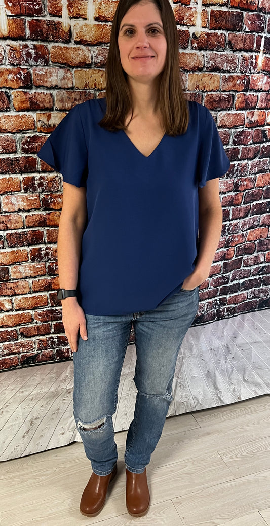 Navy Woven Flutter Sleeve V-Neck Top - Keweenaw Klass Boutique LLC