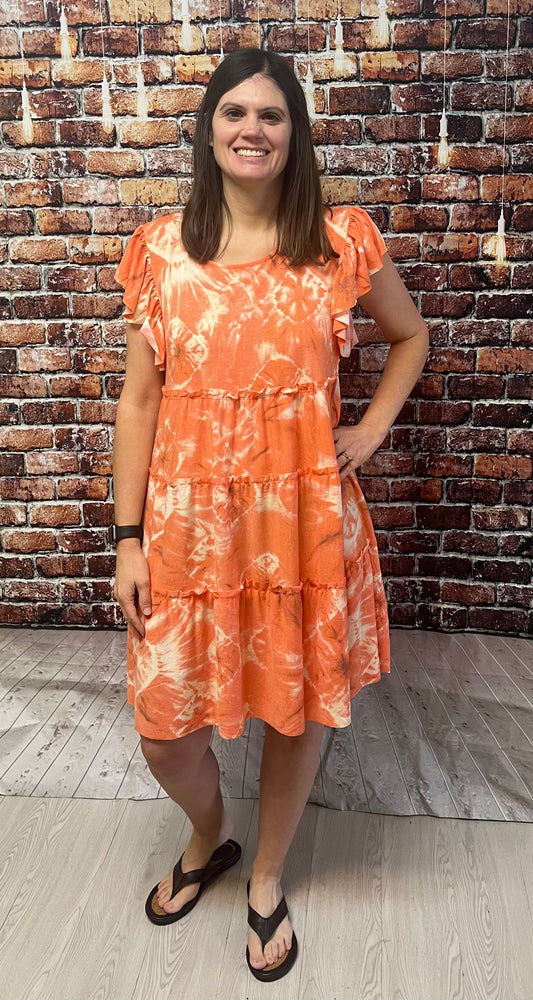 Orange Tie Dye Print Tiered Dress with Ruffled Sleeves - Keweenaw Klass Boutique LLC