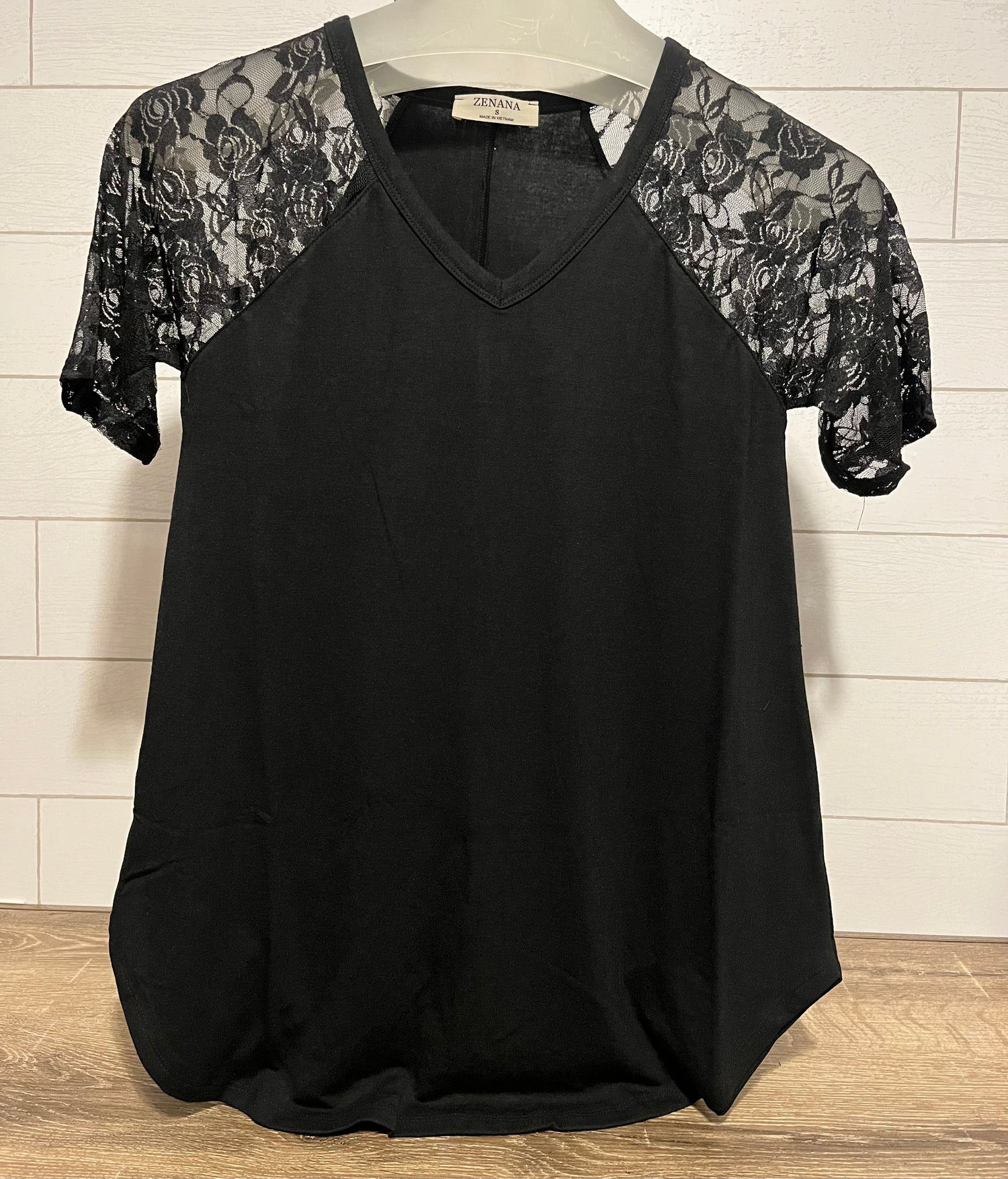 Black Lace Detail Short Sleeve V- neck & Round Hem Top - Keweenaw Klass Boutique LLC