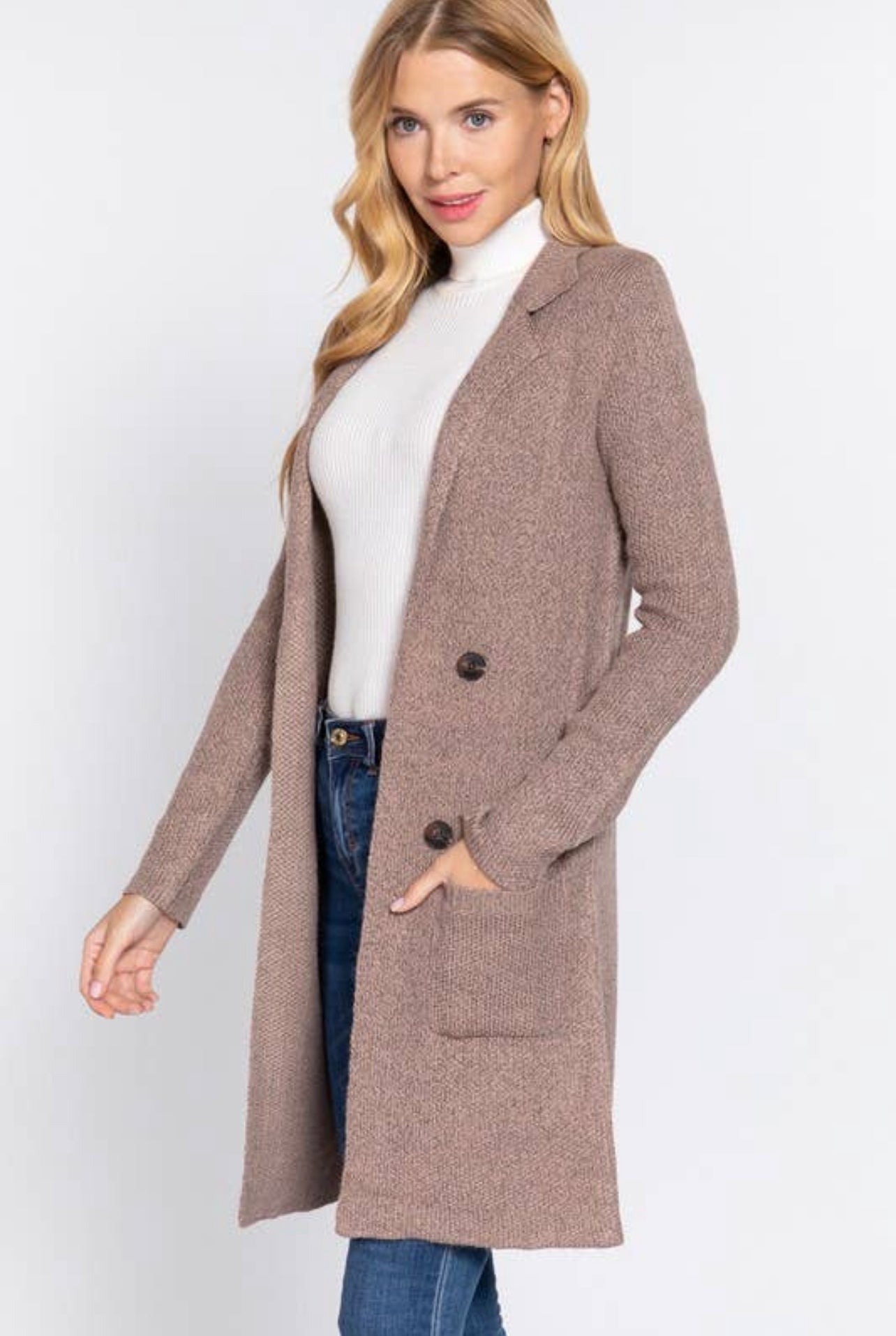 Mocha Notched Collar Sweater Coat - Keweenaw Klass Boutique LLC