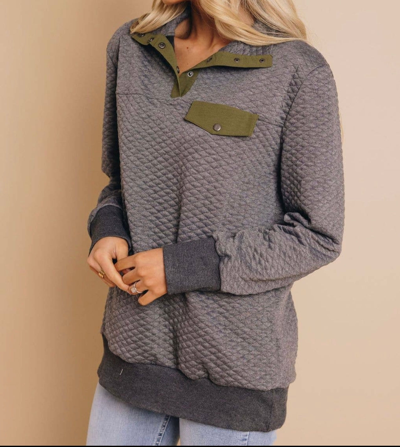 Dark Grey Quilted Pullover - Keweenaw Klass Boutique LLC