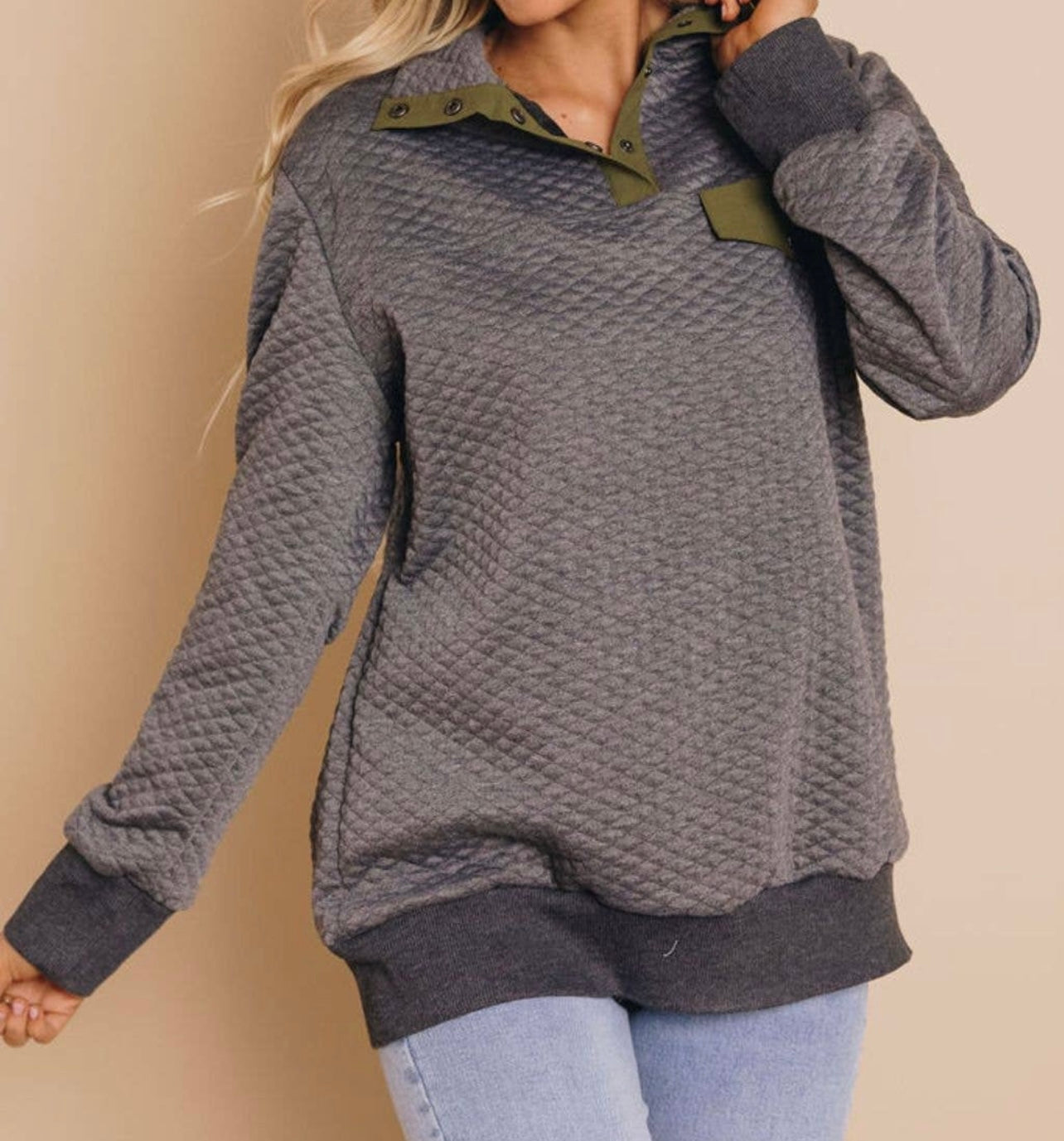 Dark Grey Quilted Pullover - Keweenaw Klass Boutique LLC