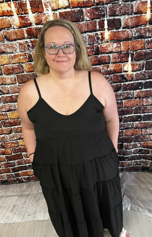 Black V-Neck Cami Maxi Tiered Dress with Side Pockets - Keweenaw Klass Boutique LLC