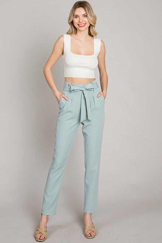 Mint Paper Bag Front Tie Waist Slim Pants - Keweenaw Klass Boutique LLC